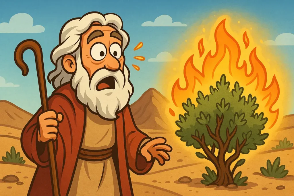 Moses looks at the burning bush
