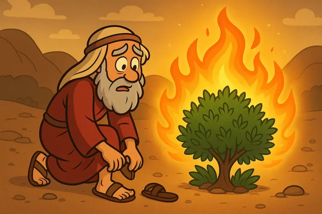 Moses takes off sandals near the holy bush