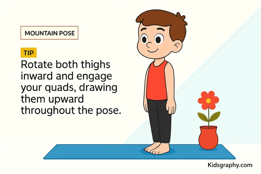 Child standing tall on a yoga mat in Mountain Pose.