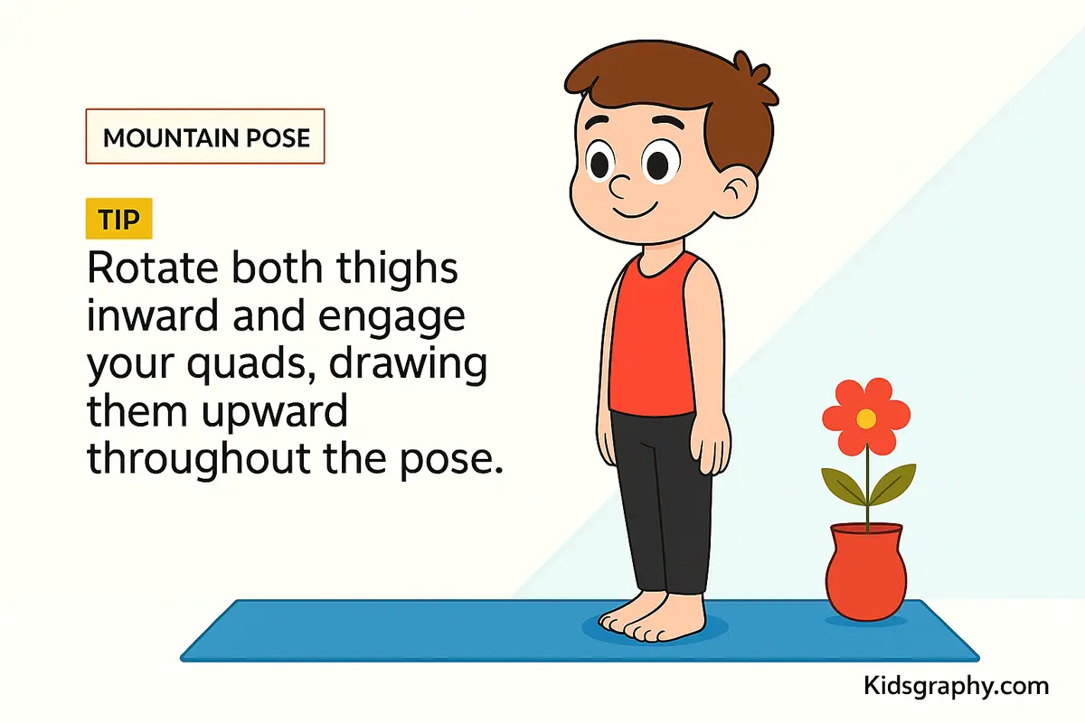 Child standing tall on a yoga mat in Mountain Pose.