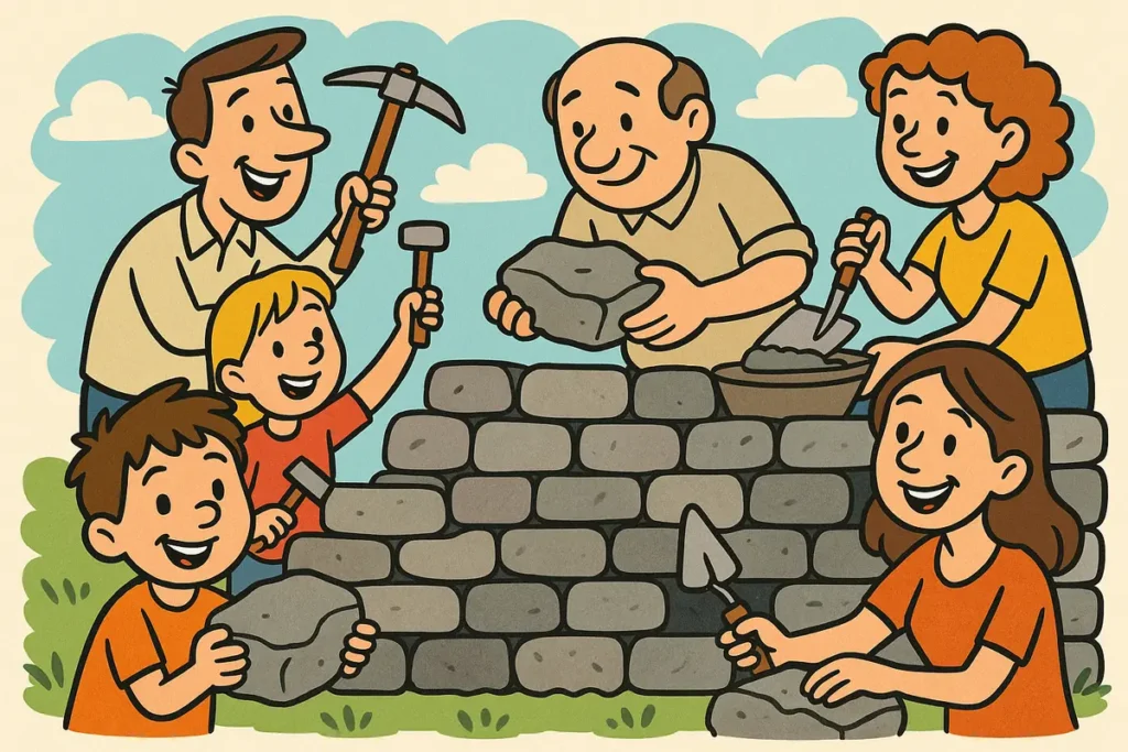 Families help rebuild the wall of Jerusalem