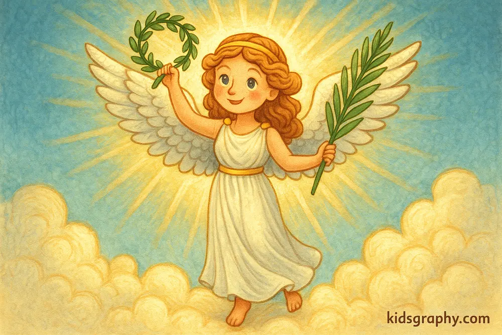 Greek goddess Nike with wings and wreath.