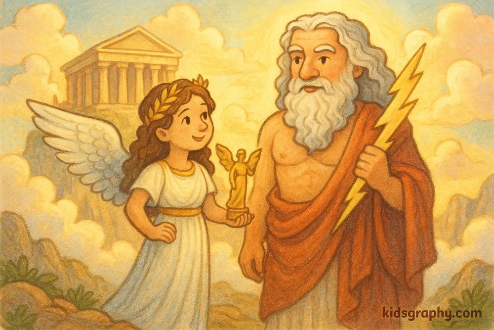 Nike and Zeus standing on Mount Olympus.