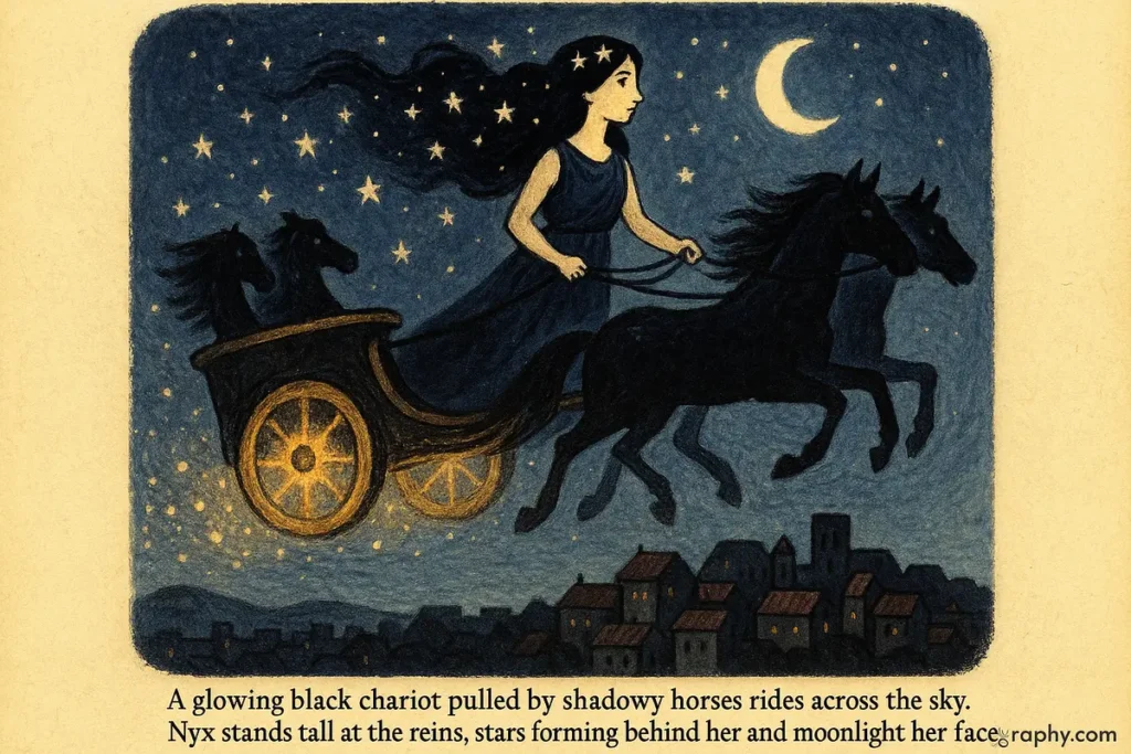 Goddess Nyx rides her chariot across the sky spreading darkness.