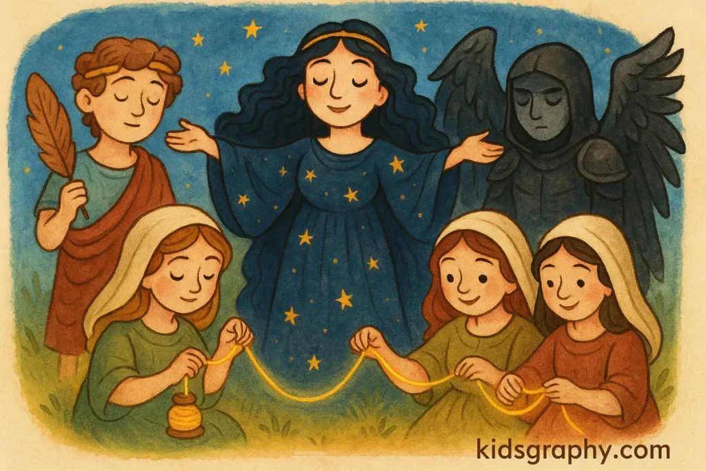 Nyx with her mythological children: Hypnos, Thanatos, and the Fates.