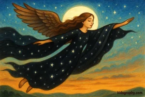 Goddess Nyx flies through the night sky with stars in her cloak.