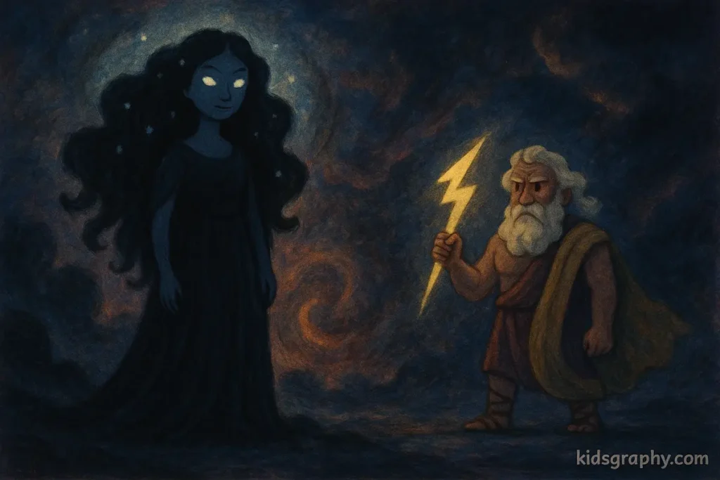 Nyx stands calmly as Zeus watches from afar.