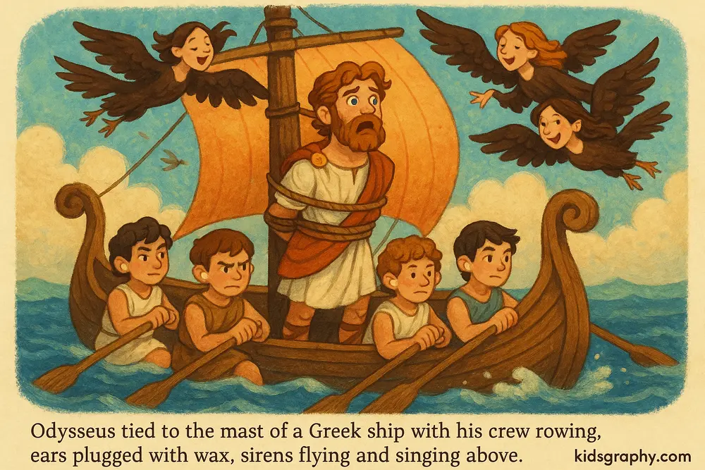 Odysseus tied to mast while sirens sing in Greek mythology.