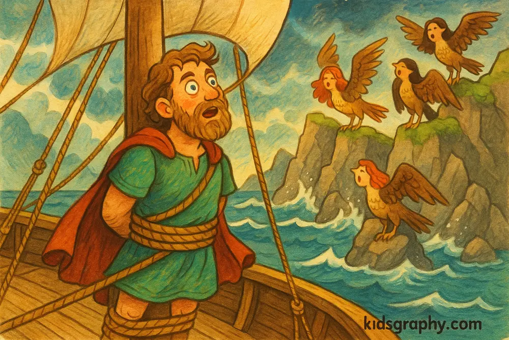 Odysseus listening to Sirens while tied to the mast in Greek myth.
