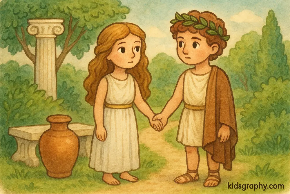 Pandora and Epimetheus with unopened box in Greek myth.