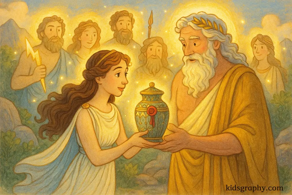 Pandora receiving a sealed jar from Zeus on Mount Olympus.
