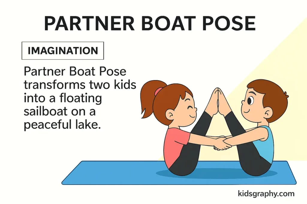 Two kids performing Partner Boat Pose in a fun cartoon-style yoga illustration