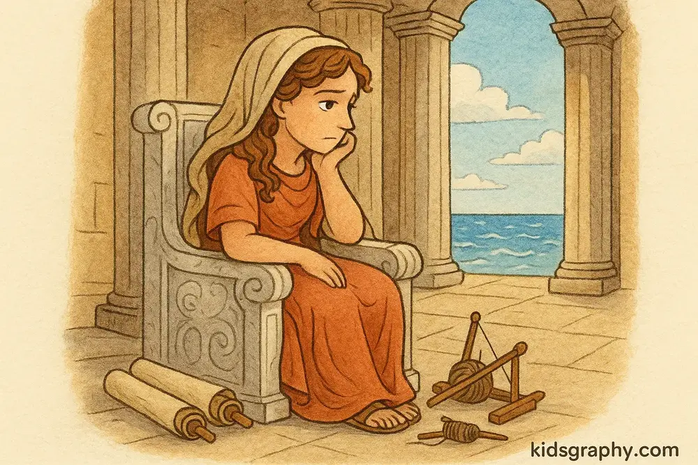 Penelope on the throne of Ithaca as queen during Odysseus’s absence.