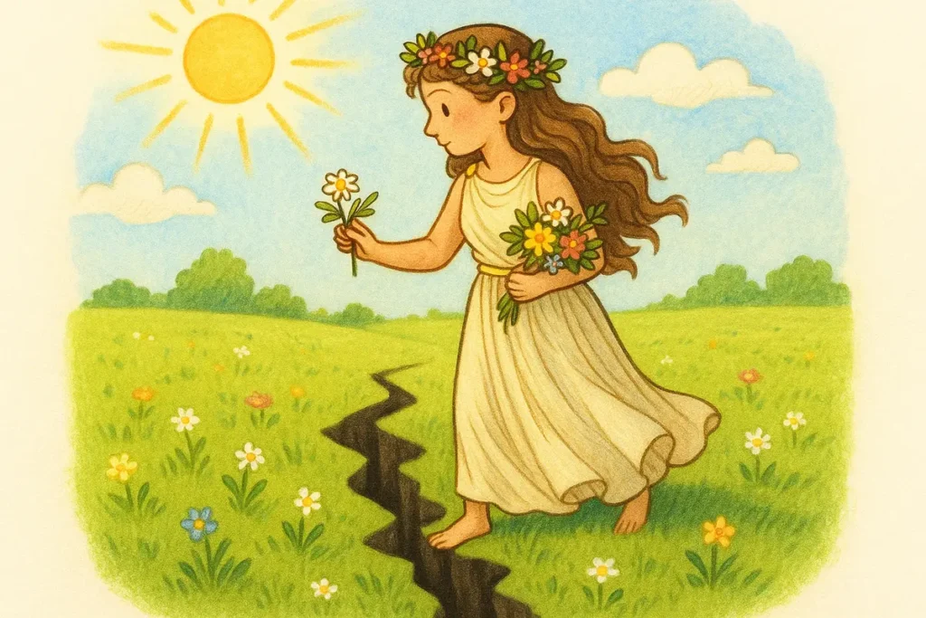 Young Persephone in a meadow before being taken to the Underworld.