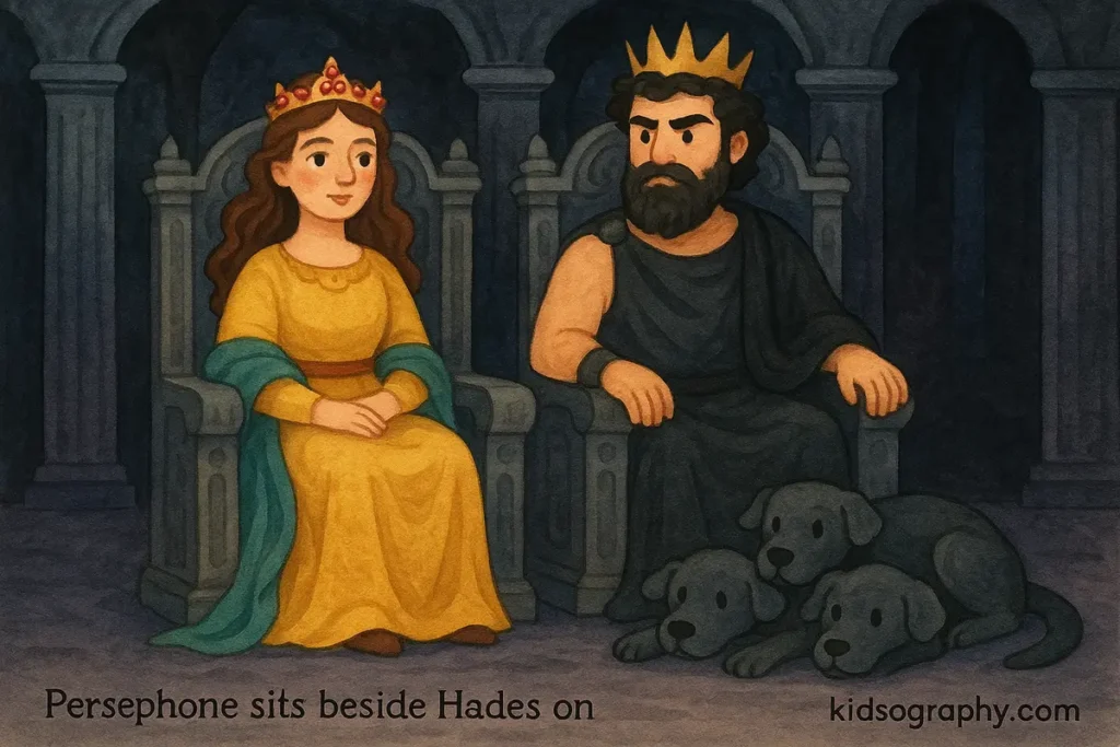 Persephone seated beside Hades as ruler of the Underworld.