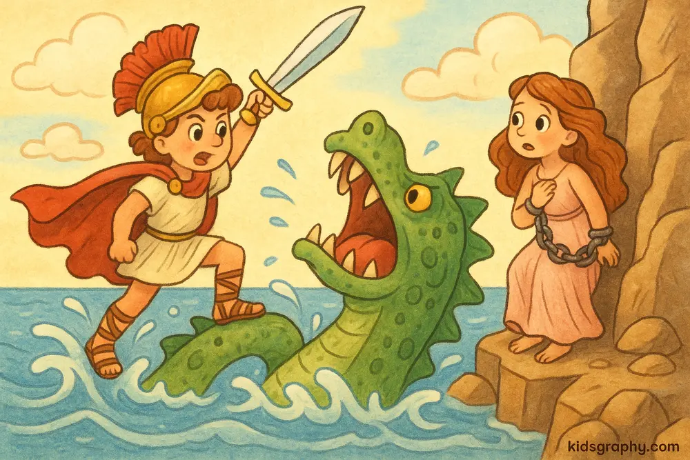 Perseus saving Andromeda in Greek mythology.