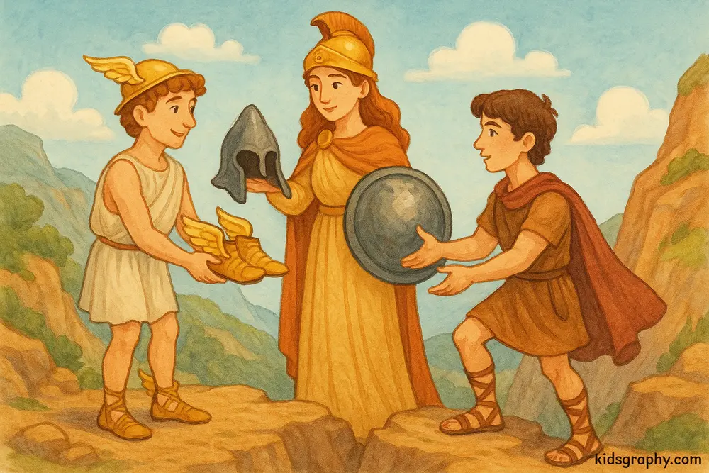 Greek gods giving Perseus weapons to fight Medusa.