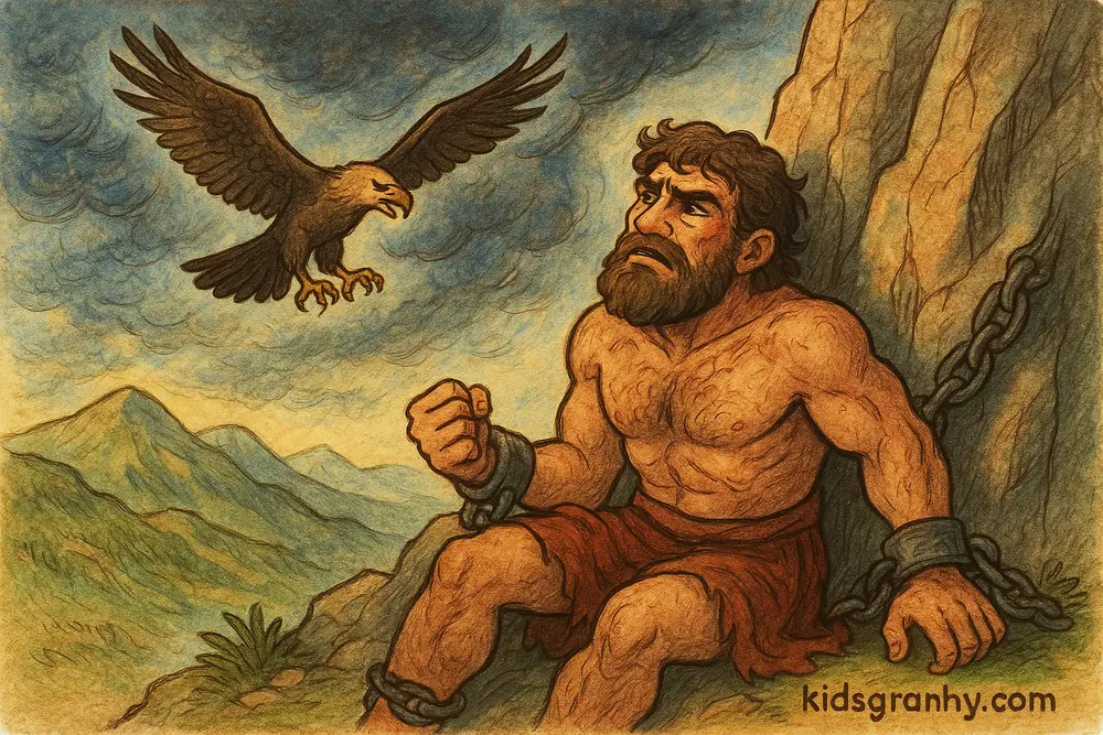 Prometheus chained to a rock with eagle approaching in Greek mythology.