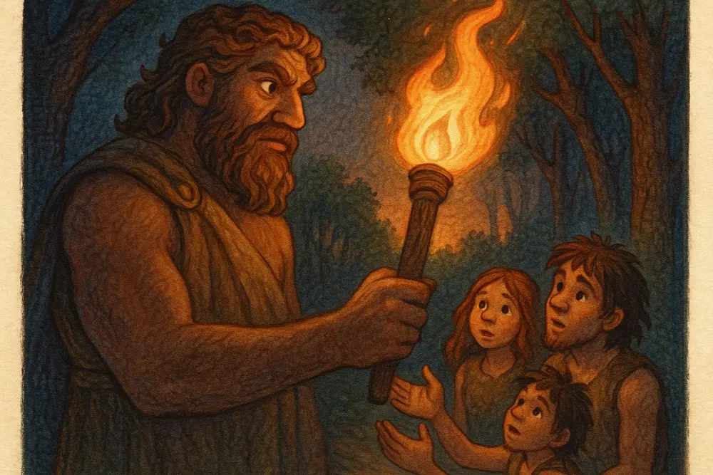 Prometheus giving fire to humans in Greek mythology.