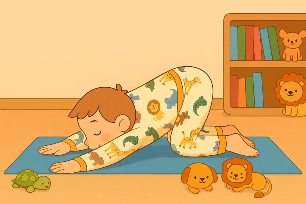 2D digital illustration of a child performing Puppy Pose (Uttana Shishosana) yoga stretch on a mat, extending arms forward in a gentle backbend.