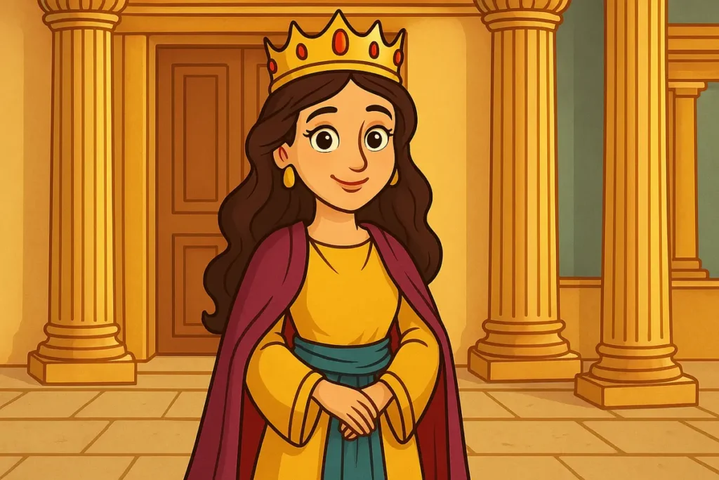 Queen Esther stands in front of the palace