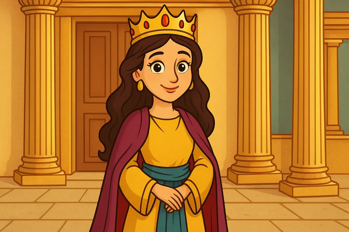 Queen Esther stands in front of the palace