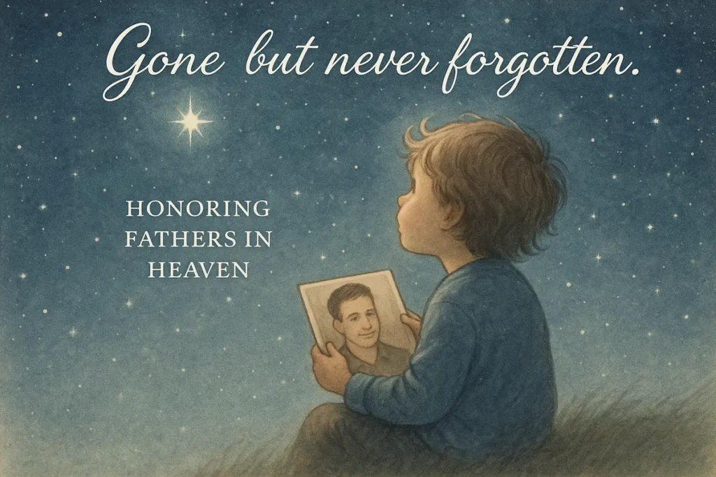 Child looking up at a glowing star while holding a framed photo of their father.