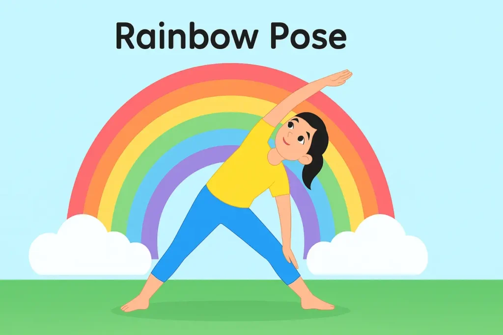 Child performing Rainbow Pose yoga stretch by bending sideways