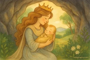 Rhea protecting baby Zeus in a cave in Greek mythology.