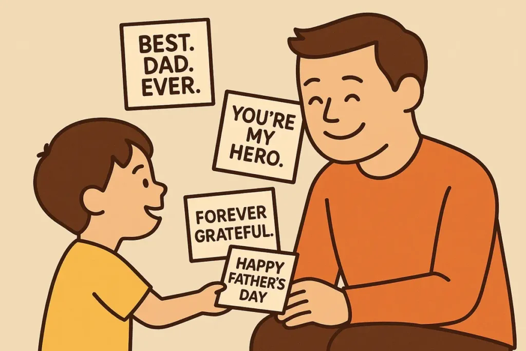 Child handing small card to father with notecards floating in background.