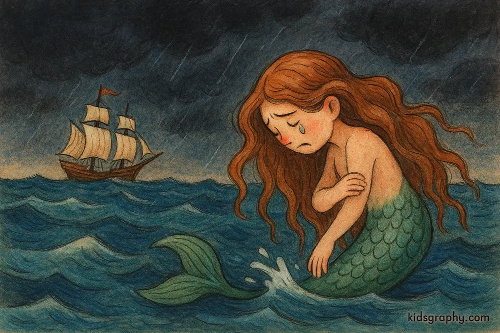 Siren falling into the sea after failing to seduce sailors.