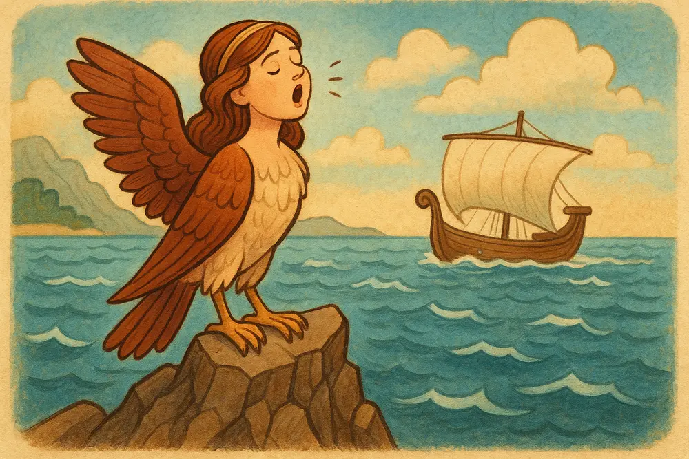 Siren with bird wings singing to ships in Greek mythology.