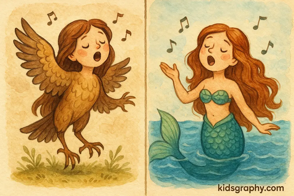 Comparison of siren and mermaid from mythology.
