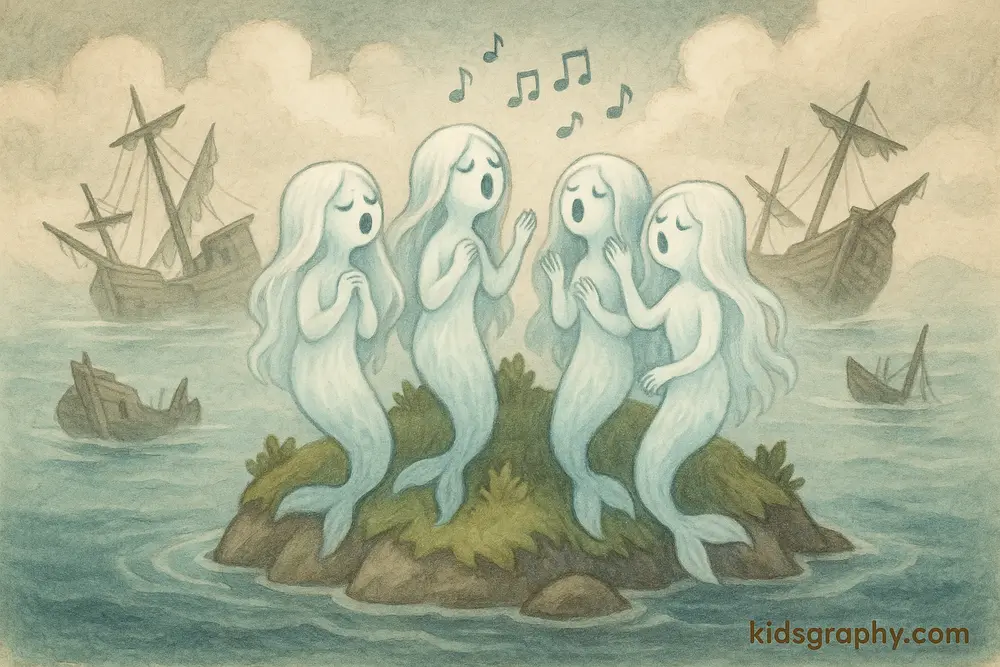 Ghostly sirens singing to lost sailors in Greek mythology.