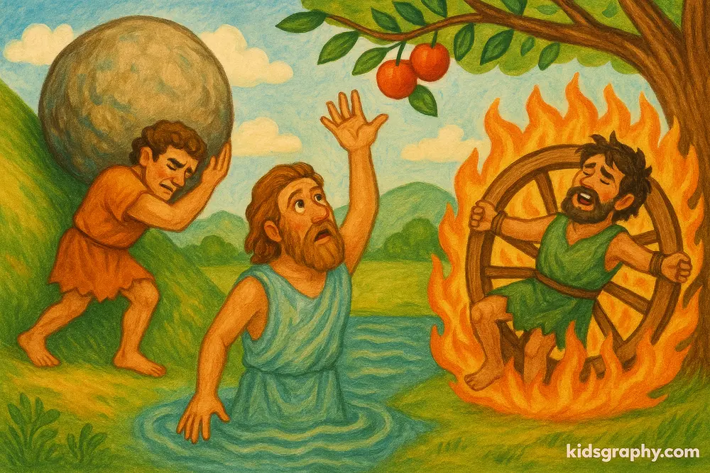 Punished souls in Tartarus: Sisyphus, Tantalus, and Ixion.