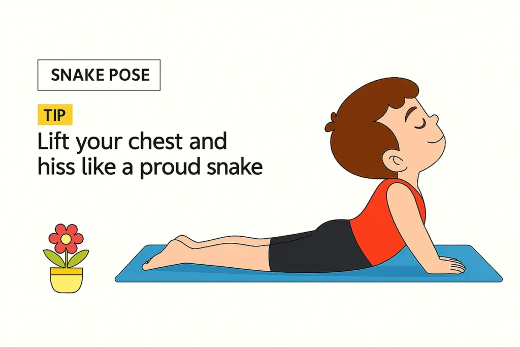 Child lifting upper body with eyes closed and smiling in Snake Pose.