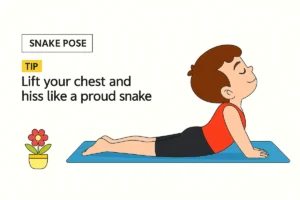 Child lifting upper body with eyes closed and smiling in Snake Pose.