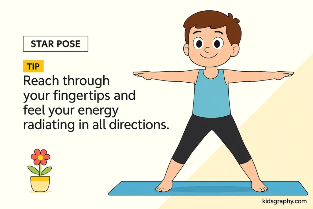 Child standing with arms stretched wide in Star Pose on a mat.