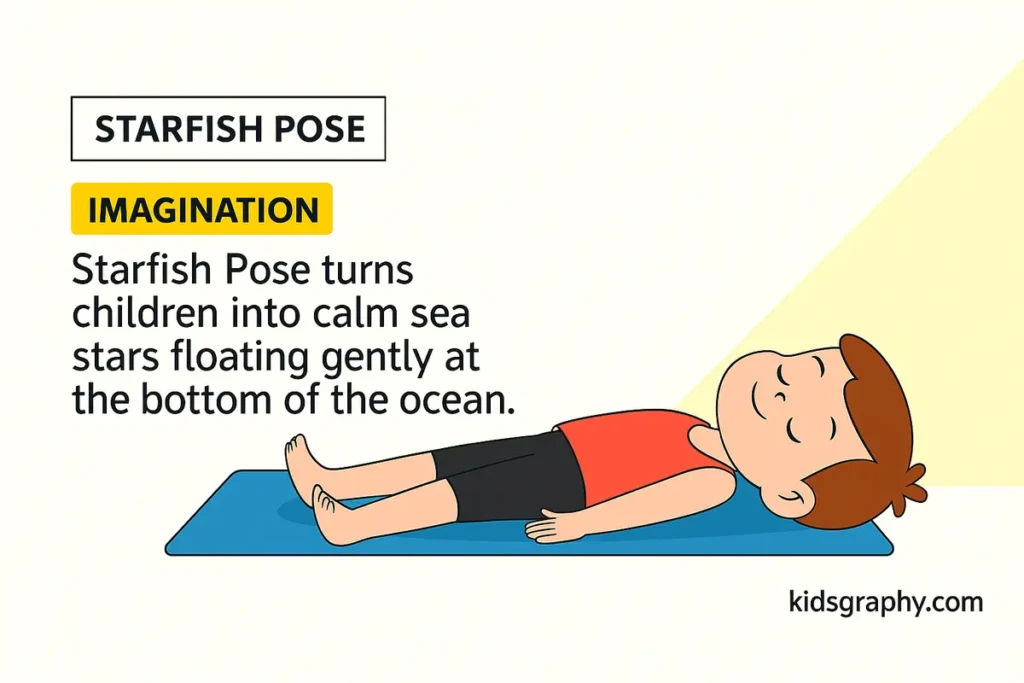 A child lying in Starfish Pose with arms and legs relaxed, practicing a calming yoga posture for kids on a yoga mat.