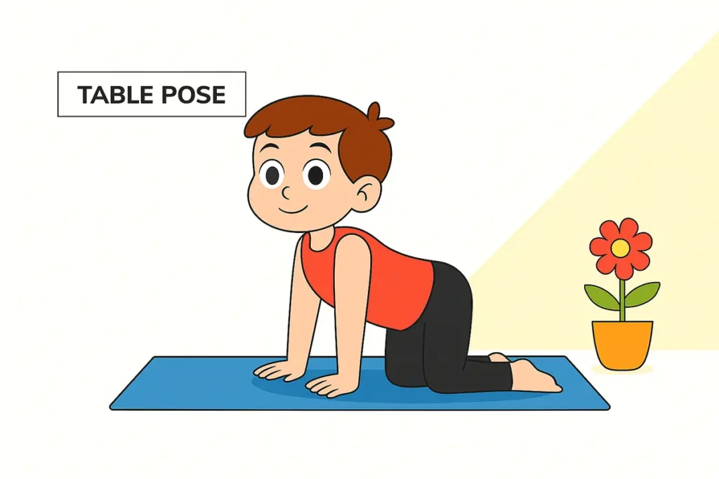 2D illustration of a child practicing Table Pose, with arms and feet grounded and body forming a flat tabletop position on a yoga mat.
