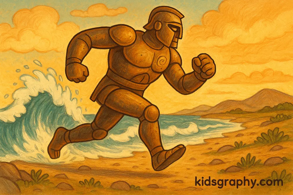 Talos patrolling the shore of Crete in Greek mythology.