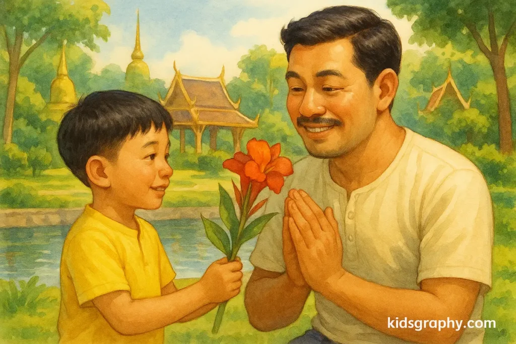 Thai boy giving a canna flower to his father outdoors