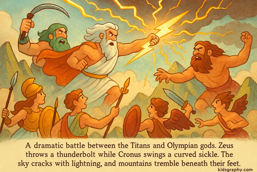 Titans fighting the Olympian gods in Greek mythology’s great war.
