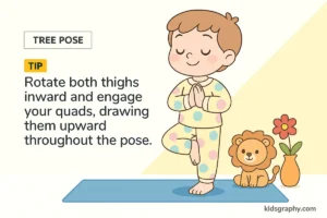 Child in polka dot pajamas standing in Tree Pose on a yoga mat with a lion and flower pot beside.