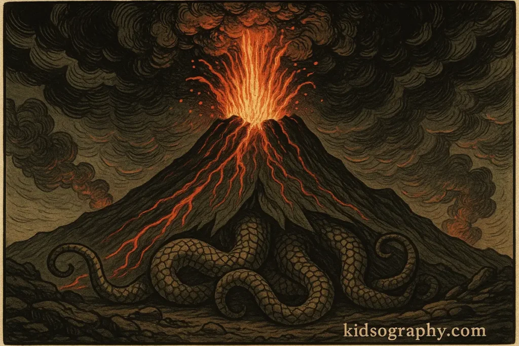 Typhon trapped beneath the volcano Mount Etna in Greek myth.