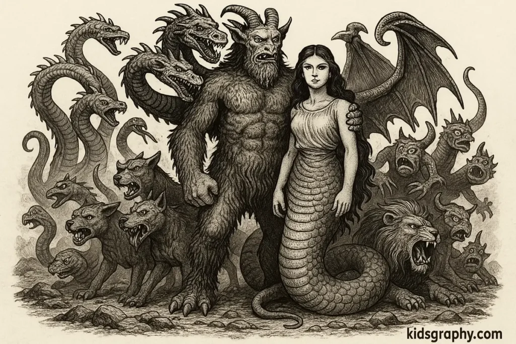 Typhon and Echidna surrounded by their children from Greek mythology.