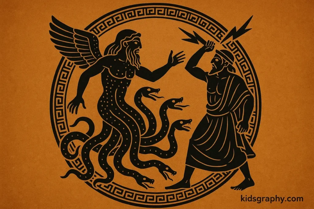 Typhon depicted in classical Greek pottery art style.