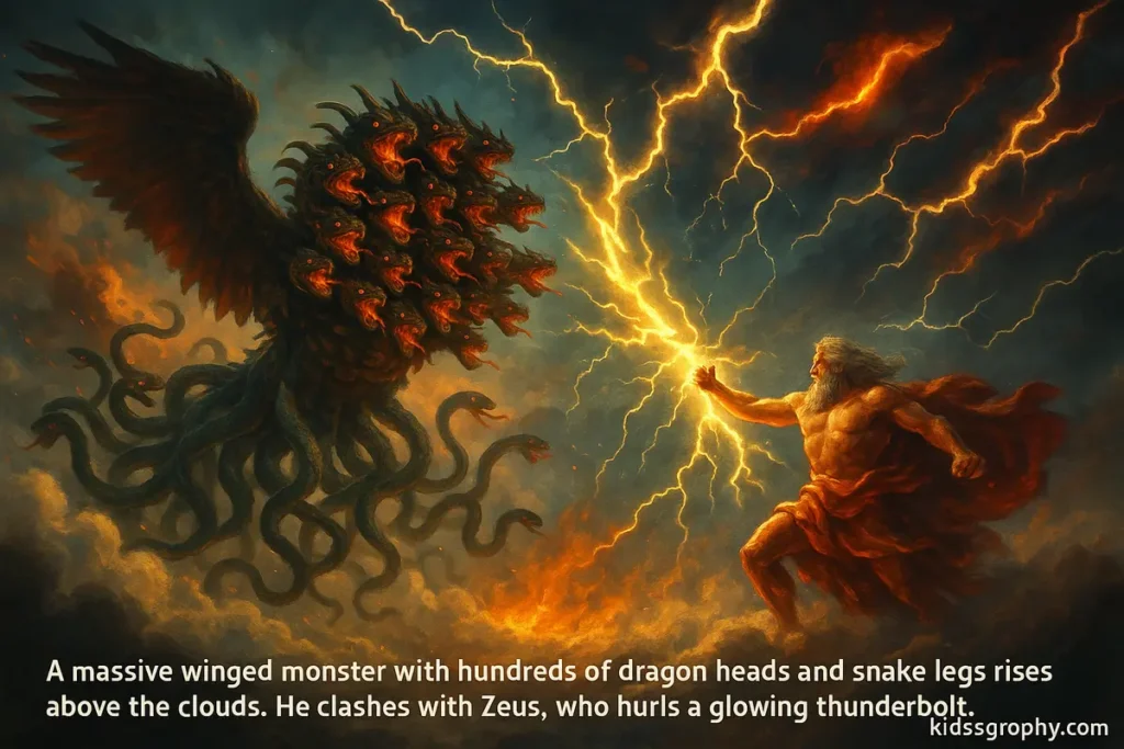 Typhon fighting Zeus with fire and storm in Greek mythology.