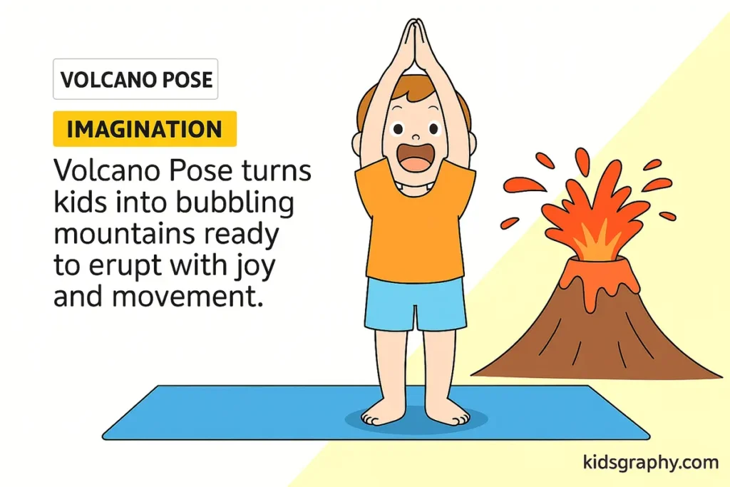 Child doing Volcano Pose yoga with arms raised, expressing energy in a dynamic mountain stance