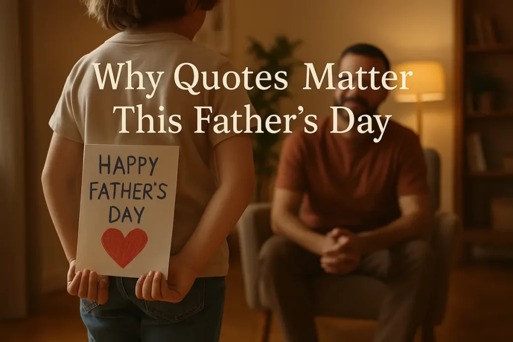 Child holding a Father’s Day card behind back, walking toward dad in warm setting.